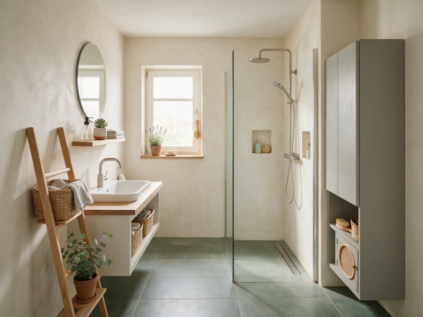 Ruhig gestaltetes Badezimmer mit bodengleicher Dusche und natürlichen Materialien