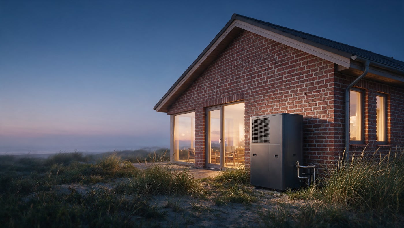 Außeneinheit einer Wärmepumpe an einem norddeutschen Wohnhaus