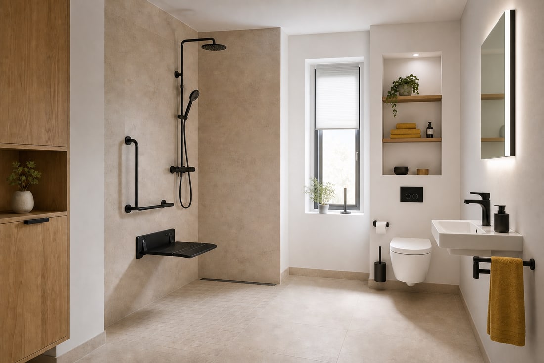Altersgerechtes Badezimmer mit bodengleicher Dusche, Haltegriff und klappbarem Duschsitz