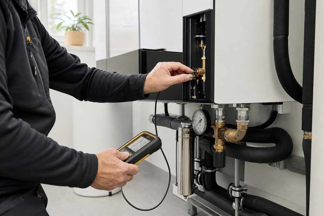 Fachhandwerker bei der systematischen Messung und Wartung einer modernen Heizungsanlage