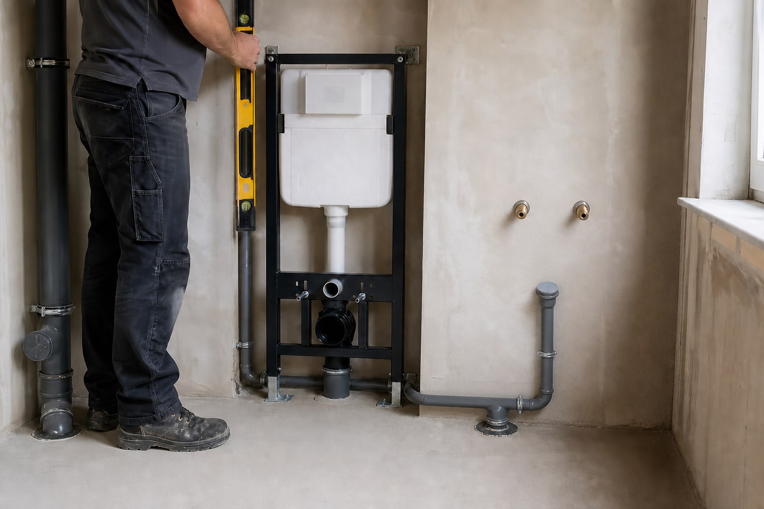 Sanitärfachkraft richtet eine Rohinstallation mit der Wasserwaage aus